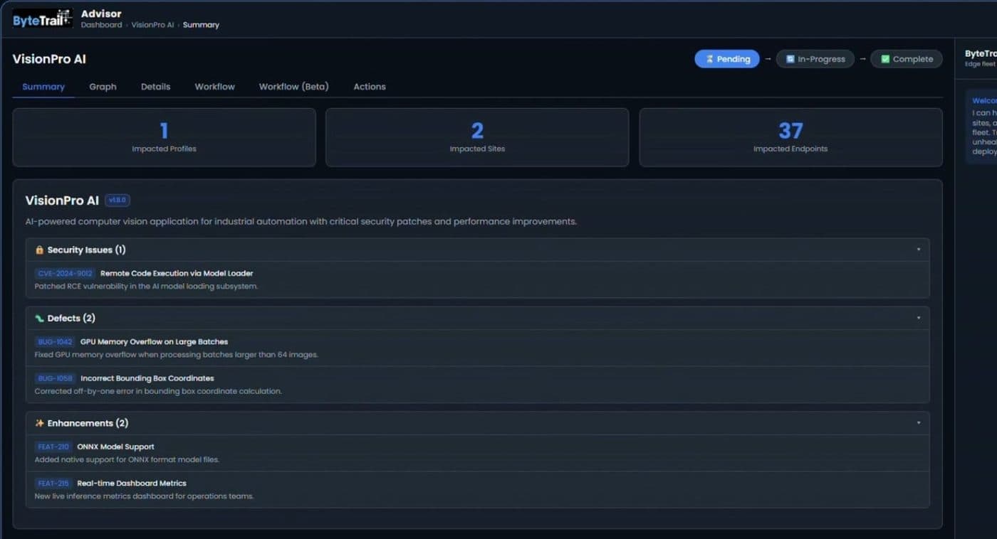 ByteTrail Advisor impact view showing a fleet resolved against a CVE