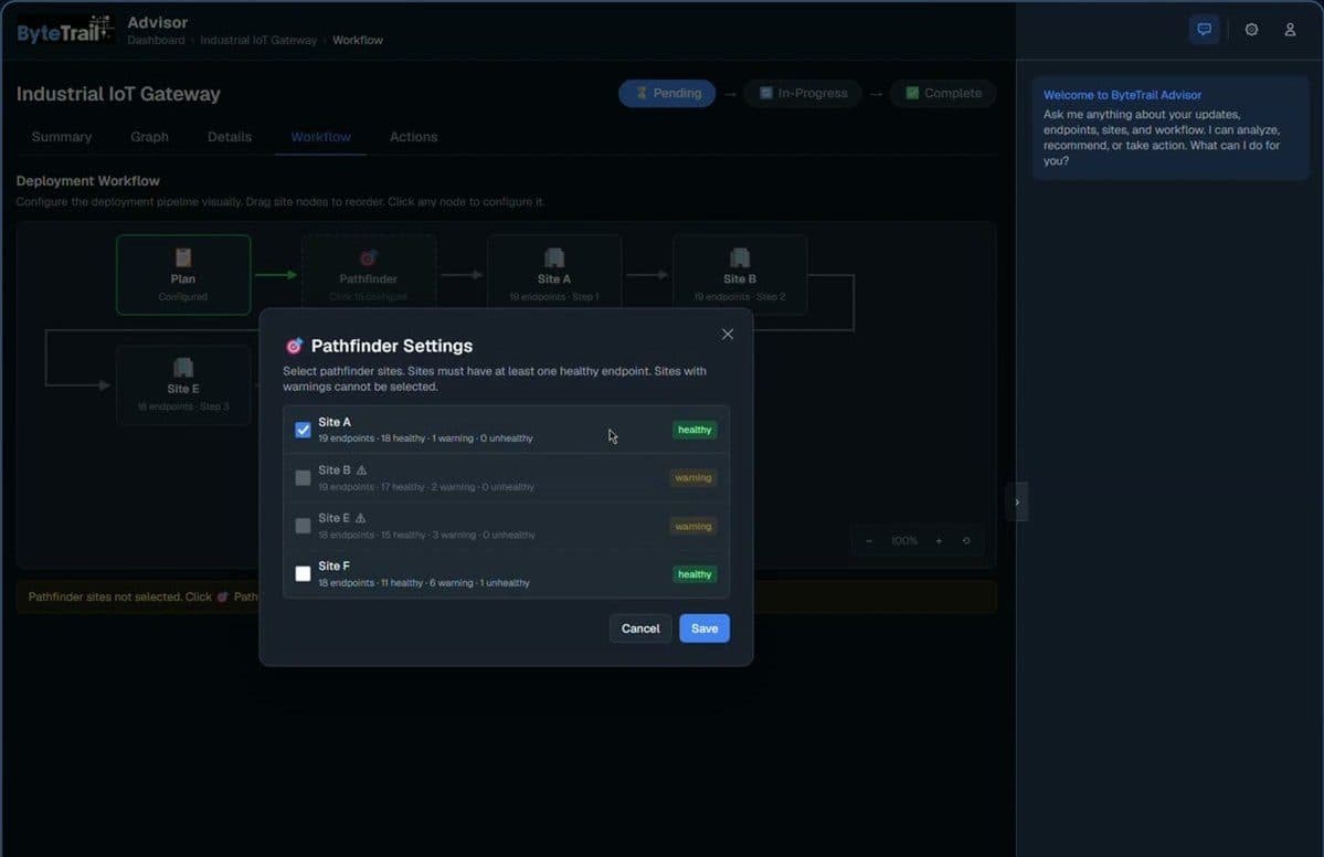 Advisor deployment workflow showing pathfinder and fleet waves